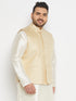 Vastramay Men's Plus Size Cream and Gold Jacquard Nehru Jacket